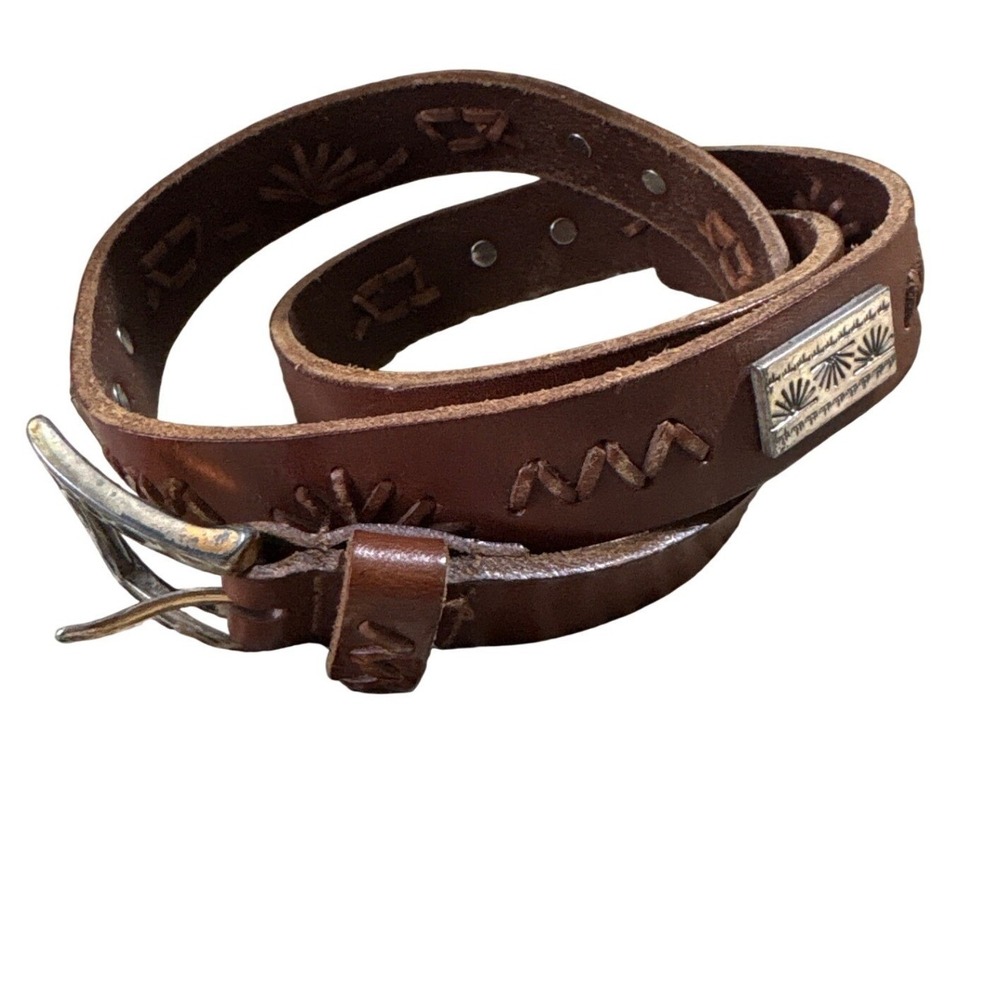 Brown Leather‎ Whipstitch Belt Silver Sunburst Plaques Southwestern Boho 30-34